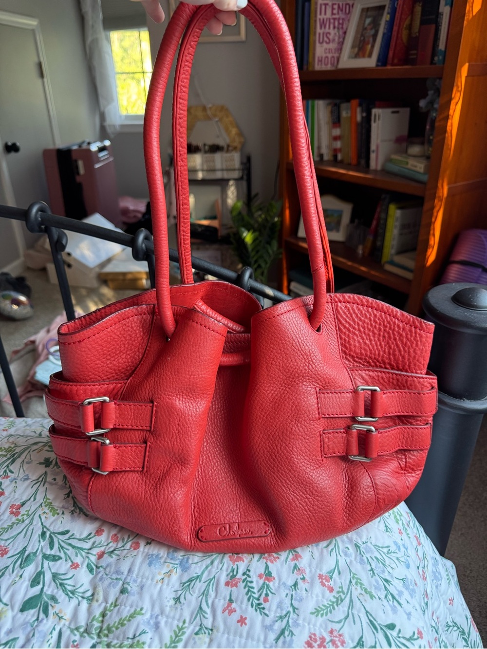 Cole Haan Red Leather Shoulder Bag with Buckle Accents